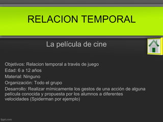 La película de cine
Objetivos: Relacion temporal a través de juego
Edad: 6 a 12 años
Material: Ninguno
Organización: Todo el grupo
Desarrollo: Realizar mímicamente los gestos de una acción de alguna
película conocida y propuesta por los alumnos a diferentes
velocidades (Spiderman por ejemplo)
RELACION TEMPORAL
 