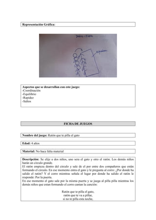 Representación Gráfica:
Aspectos que se desarrollan con este juego:
-Coordinación
-Equilibrio
-Rapidez
-Saltos
FICHA DE JUEGOS
Nombre del juego: Ratón que te pilla el gato
Edad: 4 años
Material: No hace falta material
Descripción: Se elije a dos niños, uno sera el gato y otro el ratón. Los demás niños
harán un circulo grande.
El ratón empieza dentro del circulo y sale de el por entre dos compañeros que están
formando el circulo. En ese momento entra el gato y le pregunta al corro: ¿Por donde ha
salido el ratón? Y el corro mientras señala el lugar por donde ha salido el ratón le
responde: Por la puerta.
En ese momento el gato sale por la misma puerta y se juega al pilla pilla mientras los
demás niños que estan formando el corro cantan la canción:
Ratón que te pilla el gato,
ratón que te va a pillar,
si no te pilla esta noche,
 