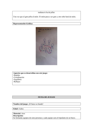 mañana te ha de pillar.
Una vez que el gato pilla al ratón. El ratón pasa a ser gato y otro niño hará de ratón.
Representación Gráfica:
Aspectos que se desarrollan con este juego:
-Rapidez
-Coordinación
-Equilibrio
-Reflejos
FICHA DE JUEGOS
Nombre del juego: ¡El barco se hunde!
Edad: 4 años
Material: Aros
Descripción:
Se formarán equipos de siete personas y cada equipo sera el tripulante de un barco.
 
