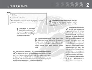 ¿Para qué leer?
1Converse con los niños sobre
su actividad como lectores.Pre-
gúnteles si leen por gusto, qué han
leído recientemente,por qué eligie-
ron esa lectura, etcétera.
2
Lectura
Funciones de la lectura.
Que los niños compartan con el grupo sus gustos
y razones para leer.
2 Usted puede ejemplificar con su propia activi-
dad lectora: lleve al salón varios libros, perió-
dicos y revistas (completos o recortes) en los que
haya encontrado temas, frases, información intere-
sante o divertida, y que desee compartir con los
niños.
4 Indique a los niños el lugar en donde están dis-
ponibles los materiales que usted leyó: en la bi-
blioteca pública, escolar, del aula, o el sitio donde los
pueden adquirir.
5 Invite a los alumnos a com-
partir de igual forma, ante el
grupo,textos variados de revistas,
periódicos,libros,etcétera,que les
hayan emocionado o gustado y
crean que les pueden interesar a
otros compañeros en el grupo.Pro-
ponga la elaboración de una lista
para programar las presentaciones,
y contar así con un espacio perma-
nente para compartir la lectura.Es-
tablezca un día y hora fijos, o bien
acuerde con los niños cuándo pue-
den participar en forma espontá-
nea quienes deseen compartir con
el grupo textos que hayan leído.
Es fundamental que este espa-
cio sea libre y agradable. La parti-
cipación deberá ser voluntaria.
3 Elija uno de los materiales y lea al grupo algún fragmento o todo
el texto (si es corto), haciendo breves comentarios sobre por
qué lo leyó (le interesó el título, tenía un problema que resolver, etcé-
tera) y por qué le gustó o llamó la atención (datos curiosos, el tema, el
lenguaje, ha leído otros artículos del mismo autor, etcétera). Propicie
la formulación de preguntas y comentarios del grupo.
fichero español 1-20 2/27/02, 10:42 AM13
 