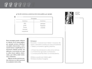 g) Escribir sinónimos y antónimos de la misma palabra, por ejemplo:
Estas estrategias pueden utilizarse
en relación con la misma palabra,
por ejemplo: primero identificar
una palabra desconocida, a conti-
nuación buscar su significado en un
diccionario, después escribir una
definición o una oración en la que
se utilice, buscar palabras relacio-
nadas y, por último, añadir sinóni-
mos y antónimos.
Algunas de estas opciones pue-
den incluirse en un diario personal
de vocabulario de los niños.
Estremecer
Diccionario: 1. Conmover, hacer temblar. 2. Ocasionar alte-
ración o sobresalto en el ánimo una causa extraordinaria.
3. Temblar con movimiento agitado y repentino.
1. El trueno hizo estremecer los vidrios de las ventanas.
2. La tormenta hizo que el niño se estremeciera.
3. La anciana presentaba fiebre con estremecimientos.
Sinónimos: sacudir, mover, temblar, agitar.
Antónimos: inmovilizar, tranquilizar.
.........
........ ......
........
Fortaleza
Sinónimos
vigor
poder
fuerza
robustez
corpulencia
José A.Yarza,
De carrera,
linóleo, 1995.
debilidad
fragilidad
cobardía
Antónimos
fichero español 1-20 2/27/02, 10:42 AM18
 