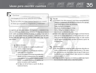 Ideas para escribir cuentos 35
Las siguientes son ideas para estimular la imaginación y creatividad de los
niños con el fin de que inventen cuentos fantásticos.El trabajo de escritura se
puede realizar de manera individual, en parejas, en equipos o con todo el
grupo. Los textos podrán revisarse, corregirse y publicarse como los niños
decidan. Cada idea representa una actividad. Léalas todas y elija una para
cada ocasión:
2 Frase fija
a) El maestro o los niños proponen varias frases interesantes,emo-
cionantes o misteriosas y las escriben en el pizarrón.Por ejemplo:
Cada noche tejía un trozo más del lienzo.
Todos corrieron a la esquina.
De pronto, la alarma empezó a sonar.
Un horrible grito rompió el silencio.
Las ventanas se abrieron de golpe.
b) Entre todos eligen una y cada quien imagina una breve historia
en la que se incluya dicha frase. La frase puede estar en cual-
quier parte del texto, lo importante es que, en cada ocasión
que se haga la actividad, todos escriban su historia a partir de
la misma frase.
1 Binomio fantástico
a) Cada niño escribe en un papel una palabra (sus-
tantivo, verbo o adjetivo).
b) Ponen los papelitos en una bolsa,los mezclan y
cada quien toma dos al azar.
c) Con las dos palabras se forman enunciados aña-
diendo artículos y preposiciones.Por ejemplo,
si las palabras fueron patines y gelatina, pueden
formar: Los patines de gelatina. La gelatina con
patines. Los patines sobre la gelatina.
d) Se elige una de las frases y a partir de ella se
inventa la historia.
Escritura
Estrategias de escritura: selección de un tema.
Que los niños escriban cuentos fantásticos a partir
de ideas que estimulen su imaginación y creatividad.
3 ¿Qué ocurriría si...?
a) Los niños proponen preguntas sobre situaciones absurdas, ex-
trañas o inverosímiles con la forma ¿Qué ocurriría si..? Por ejem-
plo:¿Qué ocurriría si los niños tuvieran vista de rayos X? ¿Qué ocurri-
ría si los dinosaurios volvieran a nacer? ¿Qué ocurriría si un elefante
entrara al salón?
b) Se elige una de las preguntas y se inventa un relato que respon-
da a la situación creada, como si ésta fuera posible.
fichero español 71-80 2/27/02, 10:59 AM79
 