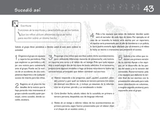 Sucedió así                                                                                                                                        43
      Escritura
    Funciones de la escritura y características de los textos.
      Que los niños utilicen diferentes tipos de texto
    para escribir sobre un mismo hecho.                                               4      Pida a los equipos que antes de redactar decidan quién
                                                                                             será el narrador de cada tipo de texto. Por ejemplo, en el
                                                                                      caso de un incendio, la noticia sería escrita por un reportero,
                                                                                      el reporte sería presentado por el jefe de bomberos o un policía,
Solicite al grupo llevar periódicos o llévelos usted al aula para realizar la         la carta podría enviarla algún afectado por el siniestro y el relato
actividad.                                                                            lo haría un vecino o transeúnte que presenció el suceso.



1   Organice al grupo en equipos
    y reparta los periódicos. Pida
que exploren su periódico y eli-
                                       3      Proponga a los niños que escriban sobre dicho acontecimiento,
                                              pero utilizando diferentes maneras de presentarlo: una noticia,
                                       un reporte, una carta o el relato de un testigo. Pida que cada equipo
                                                                                                                      5      Solicite a los niños que re-
                                                                                                                             dacten una primera versión
                                                                                                                      de su escrito. Apoye a los equi-
jan una noticia para comentarla        elija o usted asigne dos de los tipos de texto referidos. Si es necesario,     pos en el desarrollo de las par-
ante el grupo. Puede ser la noti-      proporcione algunos modelos o haga un breve recordatorio sobre las             tes del texto y en la revisión del
cia de un accidente, de una com-       características principales que deben contener sus escritos:                   contenido. Posteriormente pida
petencia deportiva o de cualquier                                                                                     a los equipos que elaboren la ver-
suceso de interés para los niños.         a) Noticia: responde a las preguntas ¿qué?, ¿quién?, ¿cuándo?, ¿dón-        sión final de sus escritos con la
                                             de?, ¿cómo? y ¿por qué?; se redacta en tercera persona (Un incen-        presentación adecuada para cada

2     Registre en el pizarrón los
      detalles de la noticia que le
haya parecido más interesante al
                                             dio destruyó una fábrica de...); incluye un resumen de la informa-
                                             ción en el primer párrafo y un encabezado o titular.
                                                                                                                      texto (distribución en columnas,
                                                                                                                      a renglón seguido, etcétera), para
                                                                                                                      exponerlo ante el grupo.
grupo: cuándo sucedió, quién par-         b) Carta familiar: fecha, saludo, relato de lo sucedido, en primera o
ticipó, cómo sucedió, dónde su-              tercera persona, despedida; uso de lenguaje informal.
cedió, etcétera.
                                          c) Relato de un testigo o informe: relato de los acontecimientos en
                                             primera persona, según fueron presenciados por el relator (Ayer
                                             vi el choque de un autobús contra...).
 