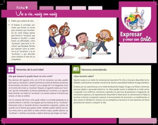 arteExpresar
y crear con
¿Qué necesito saber?	
Nuestro cuerpo es un medio de comunicación importante. Por ello es necesario desarrollar las ha-
bilidades comunicativas tomando conciencia de nuestra corporalidad mediante el juego dramático.
El teatro, por sus características, es un medio de desarrollo integral. Al jugar a ser héroes, monstruos,
personas adultas o personajes históricos, los niños pueden asumir la realidad de un modo activo,
a responder a los conflictos, a divertirse y aprender. Los ejercicios de percepción e imaginación, de
movimiento expresivo y de representación, desarrollan la observación, la concentración, el habla, la
escritura, la lectura, la expresión corporal, el reconocimiento de emociones y su manifestación; es
decir, ponen al individuo en sintonía con sus semejantes al reconocer en esta expresión una forma
placentera de conocer y compartir la vida.
Vámonos entendiendo
¿De qué manera lo puedo hacer en otro ciclo?	
Para alumnos del segundo ciclo, con el fin de comunicar una idea, pueden
hacer que sus “esculturas” cuenten una historia a través de distintas secuencias
de movimiento. Un primer “escultor”, con su equipo de 4 o 6 integrantes, inicia
en el centro del círculo su “escultura”. Después, el siguiente realiza una “escul-
tura” que dé continuidad a la historia planteada por la primera y así seguirán
hasta terminar con todas las “esculturas”. Los autores explican la historia que
crearon y le dan un nombre.
Con los alumnos del tercer ciclo puede realizar la actividad planteada en la
variante anterior y solicitar a los equipos que las estatuas de sus “esculturas”
interactúen entre sí, haciendo diversos movimientos corporales y gestos, de
acuerdo con la historia que quieran contar. También pueden realizar una téc-
nica mixta; esto es, para darle un realce artístico mayor, pueden adornar sus
“esculturas” o vestirlas con prendas u objetos diversos que tengan a la mano.
Variantes de la actividad
Ficha 9
Vis a vis, nariz con nariz
8.	 Pídales que cambien de roles.
9.	 Al finalizar la actividad, soli-
cíteles que formen un círculo
para comentar qué movimien-
tos les costó trabajo realizar
para formar la “escultura” que
deseaba su “escultor”, y cuáles
fueron sus dificultades, como
“escultores”, para hacer la “es-
cultura” que deseaban. Permita
que expresen cómo se sintie-
ron al ser “escultores” y al ser
“esculturas”, y que describan
cómo sintieron el trato de sus
compañeros.
 