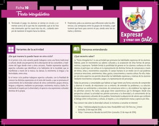 arteExpresar
y crear con
¿De qué manera lo puedo hacer en otro ciclo?	
En el primer ciclo, esta variante puede trabajarse como una fiesta tradicional
o cultural, desde una perspectiva de la descripción de las costumbres y tradi-
ciones del lugar donde viven u otros cercanos.. Pueden representar aquellos
aspectos culturales que identifican a los habitantes de la localidad, que se
manifiestan a través de la música, las danzas, la vestimenta, la lengua y las
festividades, entre otras.
En el tercer ciclo podrían trabajarse aspectos culturales, con la finalidad de
conocer las distintas expresiones en el resto del mundo, y que se promueva el
conocimiento de la diversidad cultural de otros continentes: grupos étnicos,
lenguas y religiones, mediante sus personajes, vestimenta, música y bailes, fo-
mentando el respeto por la diversidad y el aprecio a las expresiones culturales
distintas de la propia.
Variantes de la actividad
Ficha 10
8.	 Terminado el juego, los alumnos se sientan en círculo y co-
mentan acerca de lo que más les sorprendió, qué se les hizo
más interesante, qué les causó más risa, etc., cuidando siem-
pre de mantener el respeto hacia los demás.
Fiesta intergaláctica
¿Qué necesito saber?	
La “Fiesta intergaláctica” es una actividad que promueve las habilidades expresivas de los alumnos.
Además, pone en movimiento sus saberes culturales y la aceptación de otras formas de pensar,
vestirse y expresarse. También brinda la posibilidad de generar en los alumnos confianza en ellos
mismos al participar con soltura en la representación de distintas formas de comunicarse a través
de ritmos, señas y movimientos corporales. El cuerpo humano es un medio con el cual podemos
comunicar emociones, sentimientos, ideas, gustos, conocimientos y nuestra cultura. Por ello, traba-
jar con estos aspectos nos permite desarrollar las habilidades expresivas y creativas de los alumnos
mediante movimientos corporales, juegos y la representación de personajes.
Todas las personas y comunidades que habitan un lugar tienen una forma concreta de comprender
y observar el mundo, de relacionarse con su entorno, de entender los problemas y su solución,
de expresar sus sentimientos y emociones, de comunicarse entre sí, y de establecer las reglas que
les permitan convivir. Por tanto, cada grupo tiene características que lo distinguen. Desde esta
perspectiva cultural, la actividad nos permite acercarnos a la diversidad y al conocimiento de las
distintas expresiones culturales de los pueblos, fomentando la adquisición de valores que conlleven
al diálogo entre civilizaciones y culturas, al respeto, y a la comprensión mutua y aprecio por ellas.
Para conocer más sobre la diversidad cultural, lo invitamos a consultar en internet:
•	 <http://bibliotecadigital.ilce.edu.mx/sites/fondo2000/vol2/20/htm/sec_5.html>
(consulta: 23 de mayo de 2014).
•	 <http://www.oei.es/decada/accion12.htm> (consulta: 22 de mayo de 2014).
Vámonos entendiendo
9.	 Finalmente, pida a sus alumnos que reflexionen sobre las dife-
rencias y las semejanzas entre los grupos de invitados, y qué
tuvieron que hacer para convivir en paz, siendo seres tan ex-
traños y distintos.
 