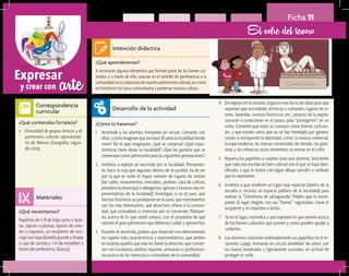 arteExpresar
y crear con
Ficha 11
El cofre del tesoro
¿Qué aprenderemos?	
A reconocer algunos elementos que forman parte de los bienes cul-
turales y, a través de ello, avanzar en el sentido de pertenencia a la
comunidad,enlavaloracióndenuestropatrimoniocultural,asícomo
en fortalecer los lazos comunitarios y preservar nuestra cultura.
¿Cómo lo haremos?	
1.	 Acomode a los alumnos formando un círculo. Comente con
ellos: ¿cómo imaginan que era hace 30 años la localidad donde
viven? De lo que imaginaron, ¿qué se conserva? ¿Qué carac-
terísticas tiene ahora su localidad? ¿Qué les gustaría que se
conservara como patrimonio para las siguientes generaciones?
2.	 Invítelos a realizar un recorrido por la localidad. Previamen-
te, trace la ruta que seguirán; dentro de lo posible, ha de ser
por la que se visite el mayor número de lugares de interés
(las calles, monumentos, mercados, jardines, casa de cultura,
presidencia municipal o delegación, iglesias y museos más re-
presentativos de la localidad). Investigue, si es el caso, qué
hechos históricos se produjeron en la zona, qué monumentos
son los más interesantes, qué atractivos ofrece a la comuni-
dad, qué costumbres o creencias aún se conservan. Platíque-
les acerca de lo que usted conoce, con el propósito de que
valoren el gran patrimonio que debemos cuidar y aprovechar.
3.	 Durante el recorrido, pídales que observen con detenimiento
los lugares más característicos y representativos, que anoten
en tarjetas aquello que más les llame la atención, que conver-
sen con locatarios, adultos mayores, artesanos o profesionis-
tas acerca de las creencias o costumbres de la comunidad.
¿Qué necesitamos?	
Papelitos de 1/8 de hoja carta o tarje-
tas, lápices o plumas, lápices de colo-
res o crayones, un recipiente de reci-
claje con tapa (botella grande y limpia
o caja de cartón) y 1 m de estambre o
listón (de preferencia, blanco).
¿Qué contenidos fortalece?	
•	 Diversidad de grupos étnicos y el
patrimonio cultural representati-
vo de México (Geografía, segun-
do ciclo).
Intención didáctica
Desarrollo de la actividad
Materiales
Correspondencia
curricular
4.	 De regreso en la escuela, organice una lluvia de ideas para que
expresen qué actividades artísticas y culturales, lugares de in-
terés, leyendas, sucesos históricos, etc., propios de la región,
conocen o conocieron en el paseo, para “protegerlos” en un
cofre. Comente que éstos se conocen como bienes cultura-
les, y que existen otros que no se han heredado por genera-
ciones ni enriquecen la identidad, como: la música comercial,
la ropa moderna, las marcas comerciales de tiendas, las golo-
sinas y los refrescos; estos elementos no entran en el cofre.
5.	 Reparta los papelitos o tarjetas (uno por alumno). Solicíteles
que cada uno escriba un bien cultural con el que se haya iden-
tificado, y que lo ilustre con algún dibujo sencillo o símbolo
que lo represente.
6.	 Invítelos a que nombren un lugar muy especial (dentro de la
escuela o, incluso, un espacio público de la localidad) para
realizar la “Ceremonia de salvaguardia”. Pídales que lo acom-
pañen al lugar elegido con sus “bienes” registrados. Lleve el
recipiente y el estambre o listón.
7.	 Ya en el lugar, motívelos a que expresen lo que sienten acerca
de los bienes culturales que poseen y cómo pueden ayudar a
cuidarlos.
8.	 Los alumnos colocarán ordenadamente sus papelitos en el re-
cipiente. Luego, formarán un círculo alrededor de usted, con
los brazos levantados y ligeramente curvados, en actitud de
proteger el cofre.
 