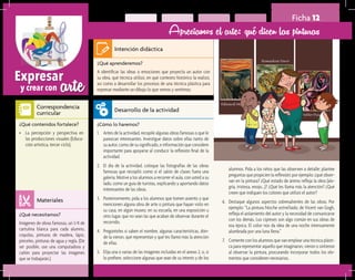 arteExpresar
y crear con
Ficha 12
Apreciamos el arte: qué dicen las pinturas
¿Qué aprenderemos?	
A identificar las ideas o emociones que proyecta un autor con
su obra, qué técnica utilizó, en qué contexto histórico la realizó,
así como a desarrollar los procesos de una técnica plástica para
expresar mediante un dibujo lo que vemos y sentimos.
¿Cómo lo haremos?	
1.	 Antes de la actividad, recopile algunas obras famosas o que le
parezcan interesantes. Investigue datos sobre ellas tanto de
su autor, como de su significado, e información que considere
importante para apoyarse al conducir la reflexión final de la
actividad.
2.	 El día de la actividad, coloque las fotografías de las obras
famosas que recopiló como si el salón de clases fuera una
galería. Motive a los alumnos a recorrer el aula, con usted a su
lado, como un guía de turistas, explicando y aportando datos
interesantes de las obras.
3.	 Posteriormente, pida a los alumnos que tomen asiento y que
mencionen alguna obra de arte o pintura que hayan visto en
su casa, en algún museo, en su escuela, en una exposición u
otro lugar, que no sean las que acaban de observar durante el
recorrido.
4.	 Pregúnteles si saben el nombre, algunas características, dón-
de la vieron, qué representan y qué les llamó más la atención
de ellas.
5.	 Elija una o varias de las imágenes incluidas en el anexo 2, o, si
lo prefiere, seleccione algunas que sean de su interés y de los
¿Qué necesitamos?	
Imágenes de obras famosas, un 1/4 de
cartulina blanca para cada alumno,
crayolas, pinturas de madera, lápiz,
pinceles, pinturas de agua y regla. (De
ser posible, use una computadora y
cañón para proyectar las imágenes
que se trabajarán.)
¿Qué contenidos fortalece?	
•	 La percepción y perspectiva en
las producciones visuales (Educa-
ción artística, tercer ciclo).
Intención didáctica
Desarrollo de la actividad
Materiales
Correspondencia
curricular
alumnos. Pida a los niños que las observen a detalle; plantee
preguntas que propicien la reflexión; por ejemplo: ¿qué obser-
van en la pintura? ¿Qué estado de ánimo refleja la obra (ale-
gría, tristeza, enojo...)? ¿Qué les llama más la atención? ¿Qué
creen que indiquen los colores que utilizó el autor?
6.	 Destaque algunos aspectos sobresalientes de las obras. Por
ejemplo: “La pintura Noche estrellada, de Vicent van Gogh,
refleja el aislamiento del autor y la necesidad de comunicarse
con los demás. Los cipreses son algo común en sus obras de
esa época. El color nos da idea de una noche intensamente
alumbrada por una luna llena.”
7.	 Comente con los alumnos que van emplear una técnica plásti-
ca para representar aquello que imaginaron, vieron o sintieron
al observar la pintura, procurando incorporar todos los ele-
mentos que consideren necesarios.
 