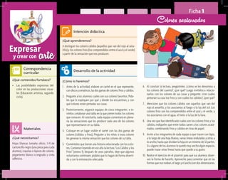 arteExpresar
y crear con
Ficha 1
Colores acatarrados
¿Qué aprenderemos?	
A distinguir los colores cálidos (aquellos que van del rojo al ama-
rillo) y los colores fríos (los comprendidos entre el azul y el verde)
a partir de la sensación que nos producen.
¿Cómo lo haremos?	
1.	 Antes de la actividad, elabore un cartel en el que represente,
con discos cromáticos, las dos gamas de colores: fríos y cálidos.
2.	 Pregunte a los alumnos cuáles son sus colores favoritos. Pída-
les que le expliquen por qué y dónde los encuentran, y con
qué colores están pintadas sus casas.
3.	 Posteriormente, organice equipos de cinco integrantes e in-
vítelos a elaborar una tabla en la que pinten todos los colores
que conocen. Al concluirla, cada equipo comentará en plena-
ria las sensaciones que les produce cada uno de los colores
que representaron en su tabla.
4.	 Coloque en un lugar visible el cartel con las dos gamas de
colores (cálidos y fríos). Pregunte a los niños si esos colores
les generan la misma sensación que los colores de su tabla.
5.	 Coménteles que leerán una historia relacionada con los colo-
res. Comience leyendo en voz alta la lectura “Los Cálidos y los
Fríos” (anexo 1); después de unos párrafos, deje que algunos
voluntarios continúen; pídales que lo hagan de forma diverti-
da y con la entonación adecuada.
¿Qué necesitamos?	
Hojas blancas tamaño oficio, 1/4 de
cartoncillo negro (una pieza para cada
alumno), crayolas o lápices de colores,
pegamento blanco o engrudo y cinta
adhesiva.
¿Qué contenidos fortalece?	
•	 Las posibilidades expresivas del
color en las producciones visua-
les (Educación artística, segundo
ciclo).
Intención didáctica
Desarrollo de la actividad
Materiales
Correspondencia
curricular
6.	 Al concluir la lectura, pregúnteles: ¿cómo se les denomina a
los colores del cuento?, ¿por qué? Luego invítelos a relacio-
narlos con los colores de sus casas y pregunte: ¿con cuáles
pintarían su casa los fríos y con cuáles los cálidos?, ¿por qué?
7.	 Mencione que los colores cálidos son aquellos que van del
rojo al amarillo, y los asociamos al fuego o la luz del sol. Los
colores fríos son los comprendidos entre el azul y el verde, y
los asociamos con el agua, el hielo o la luz de la luna.
8.	 Una vez que han identificado cuáles son los colores fríos y los
cálidos, indíqueles que entre todos sanen a los colores acata-
rrados, combinando fríos y cálidos en tiras de papel.
9.	 Invite a los integrantes de cada equipo a que tracen con lápiz,
a lo largo de una hoja blanca, varias líneas onduladas y otras a
lo ancho, hasta que dividan la hoja en un mínimo de 32 partes.
Si a alguno de los alumnos le quedó muy ancho algún espacio,
puede trazar otras líneas hasta que quede a su gusto.
10.	 Realice el ejercicio en el pizarrón para que sus alumnos obser-
ven la forma de hacerlo. Aproveche para comentar que en las
formasquenosrodean,ellargoyelanchosondosdimensiones.
 