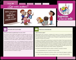arteExpresar
y crear con
Ficha 14
¿Qué sonidos percibimos?
¿Qué necesito saber?	
Podría pensarse que la iniciación o enseñanza de la música en la escuela es responsabilidad de
profesionales o de personal especializado; sin embargo, no siempre es así. Recuerde que por encima
de la especialización musical, al enseñar música se requiere la capacidad básica de escuchar las
expresiones musicales de los alumnos.
El sonido es un efecto auditivo producido por la vibración de un objeto. El oído capta vibraciones y
las transforma en impulsos nerviosos que llegan al cerebro. La música es un excelente recurso para
favorecer el desarrollo integral de las personas y en la escuela contribuye a desarrollar sus capacida-
des creativas, de expresión, análisis, memoria y sensibilidad. Al trabajar estos aspectos de iniciación
musical, usted puede participar con sus alumnos en el desarrollo de la actividad: que ellos lo vean
cantar, hacer sonidos y jugar, para que sientan confianza y seguridad física.
Para obtener más información sobre los sonidos, le invitamos a consultar en internet:
•	 <www.orquestabasura.com/> (consulta: 16 de julio de 2014).
Si desea experimentar sensaciones con distintos sonidos, visite el banco de imágenes y sonidos en:
•	 <http://recursostic.educacion.es/bancoimagenes/web/> (consulta: 16 de julio de 2014).
Vámonos entendiendo
¿De qué manera lo puedo hacer en otro ciclo?	
Para promover que los alumnos del segundo ciclo aprendan acerca de las ca-
racterísticas de la melodía y la armonía en la música, se sugiere que iden-
tifiquen la relación del pulso y el ritmo en una secuencia rítmica mediante
la utilización de partes de su cuerpo. También pueden recolectar objetos o
instrumentos con los cuales producir sonido e identificar sus características.
Con los alumnos del tercer ciclo, y con la finalidad de fomentar el gusto por
la música, puede invitarlos a formar equipos para obtener grabaciones de dis-
tintos sonidos que perciban o se produzcan en su entorno; por ejemplo, cómo
suenan las actividades que realiza la gente en la localidad donde viven, el can-
to de algunas aves y los sonidos que emiten los animales. También se puede
organizar en el salón de clases una fonoteca con el registro de los sonidos que
hay en su entorno, incluida la música tradicional; esto les permitirá tener un
registro de sonidos de la localidad o la región.
Variantes de la actividad
 