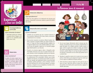 arteExpresar
y crear con
Ficha 15
Máscaras para el carnaval
¿Qué aprenderemos?	
A utilizar las artes plásticas en la elaboración de máscaras para
expresar y desarrollar los procesos creativos a partir de la identi-
dad cultural.
¿Cómo lo haremos?	
1.	 Comente con sus alumnos que van a construir máscaras en
tres momentos: elaboración de la base, diseño y decoración,
y presentación en un carnaval.
2.	 Para el primer momento, los alumnos inflarán el globo. Ayú-
delos a preparar el engrudo. Pídales que cubran el globo con
unas 5 a 7 capas de trozos de papel periódico, pegados con
el engrudo. Déjenlo secar un día. También pídales que conser-
ven un poco de engrudo y papel por si es necesario agregar
algún detalle plástico a sus máscaras.
3.	 Presente a los alumnos algunos vídeos o fotografías sobre
festividades mexicanas en las que se ocupen máscaras. Des-
pués, anímelos a iniciar la búsqueda y diseño de sus máscaras.
4.	 Los alumnos investigarán en diversas fuentes: internet, revis-
tas, publicaciones de la comunidad y folletos, para recabar
imágenes de máscaras y las historias que existen en torno a
ellas; por ejemplo, qué significado tienen, en qué festividad
se emplean, quiénes participan y cómo se festeja. Comente
que esta información les será útil para elaborar sus propias
máscaras y compartir con sus compañeros el sentido, la his-
toria y las características de ellas.
¿Qué necesitamos?	
Un globo de tamaño regular (núm. 8
o 9) por participante, engrudo, papel
periódico o reciclado, aguja o alfiler,
pintura vinílica de distintos colores,
pinceles, hojas blancas, lápices de co-
lores, ligas y estambre.
¿Qué contenidos fortalece?	
•	 Diversidad cultural por continen-
te: grupos étnicos, lenguas y reli-
giones en los continentes (Geo-
grafía, tercer ciclo).
Intención didáctica
Desarrollo de la actividad
Materiales
Correspondencia
curricular
5.	 Una vez que tengan información sobre la máscara que ela-
borarán, cerciórense de que se ha secado completamente el
papel del globo. Con cuidado, ponchen el globo usando la
aguja. Corten el papel por la mitad a lo largo, para obtener
dos caretas como base para las máscaras. Si usted lo considera
necesario, pueden dibujar en una hoja de papel el diseño de
las máscaras, e iluminarlas con los colores que podrían usar en
su diseño final.
6.	 Recubran la superficie exterior de la careta con una capa de
pintura vinílica blanca, para asegurarse de que los colores que
se van a aplicar se adhieran de manera uniforme.
7.	 Antes de pintar la máscara, hagan los cortes para los ojos, la
boca y la nariz. Cada niño usará los colores de su elección,
de acuerdo con el diseño previo, para decorarla y agregar los
detalles adecuados.
 