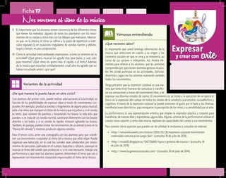 arteExpresar
y crear con
¿De qué manera lo puedo hacer en otro ciclo?	
Con alumnos del primer ciclo, puede realizar adecuaciones a la actividad, en
función de las posibilidades de expresar ideas a través de movimientos cor-
porales. Por ejemplo, produzca sonidos o fragmentos de alguna pieza musical;
pida a los niños que marquen el ritmo de la música que escuchan y, si el sonido
es lento, que caminen de puntitas y levantando los brazos lo más alto que
puedan; si se trata de un sonido normal, caminarán libremente con los brazos
abiertos a los lados, y si es sonido es rápido, trotarán agitando las brazos.
También, en parejas, pueden imitar los movimientos de un animal (como en la
“Danza del venado”), mientras producen algunos sonidos.
Para el tercer ciclo, arme una coreografía con los alumnos para que coordi-
nen sus movimientos corporales al ritmo de la música que ellos elijan. Puede
organizar una batucada, en la cual los sonidos sean producidos por instru-
mentos de percusión, palmadas en el cuerpo, baquetas y silbatos, para que se
muevan al ritmo del sonido que produzcan o, si lo cree necesario, trabaje una
performance y que sean los alumnos quienes determinen el tema que van a
representar con movimientos corporales improvisados al ritmo de la música.
Variantes de la actividad
Ficha 17
9.	 Es importante que los alumnos tomen conciencia de los diferentes ritmos
que tienen las melodías; algunos de éstos los plasmaron con los movi-
mientos de su cuerpo y otros más con los dibujos que realizaron. Mencio-
ne que, en la música, el ritmo se refiere a la pauta de repetición a inter-
valos regulares (y en ocasiones irregulares) de sonidos fuertes y débiles,
largos y breves, en una composición.
10.	Cierre la actividad intercambiando impresiones: ¿cómo se sintieron en la
actividad? ¿Qué género musical les agradó más para bailar, y cuál, sólo
para moverse? ¿Qué ritmo les gustó más: el rápido o el lento? Además
de la música que escuchan cotidianamente, ¿cuál otra les agradó que no
habían escuchado antes?, ¿por qué?
Nos movemos al ritmo de la música
¿Qué necesito saber?	
Es importante que usted obtenga información de la
música que seleccione en cuanto a su origen y los
contextos sociales en que se crea y se interpreta, así
como de sus autores e intérpretes. Así, tendrá ele-
mentos para ofrecer a los alumnos, que les permitan
comprender por qué existen distintos géneros musica-
les. No olvide participar en las actividades, disfrutar,
divertirse y jugar con los alumnos realizando también
todos los movimientos.
Tenga presente que la expresión corporal es una ma-
nera que tiene el ser humano de comunicar y manifes-
tar sus sensaciones a través del movimiento libre, y de
Vámonos entendiendo
expresar sus diversos estados de ánimo. El movimiento no se limita a la ejecución de un ejercicio
físico; es la expresión del cuerpo en todos los niveles de la conducta: psicomotriz, socioafectivo y
cognitivo. A través de la expresión corporal se puede promover el gusto por el baile y las diversas
manifestaciones dancísticas, para enriquecer la percepción de los niños y su sensibilidad por el arte.
La performance es una representación artística que emplea la expresión plástica y corporal para
manifestar, de manera libre y espontánea, alguna idea. Algunos artistas de la performance utilizan el
cuerpo como soporte y como obra misma, exploran las capacidades del cuerpo y sus movimientos.
Para conocer otros aspectos que pueden ser de utilidad, le invitamos a consultar en internet:
•	 <http://www.educaweb.com/noticia/2005/03/28/expresion-corporal-movimiento-
creatividad-comunicacion-juego-364/> (consulta: 18 de julio de 2014).
•	 <http://musik93.blogspot.es/1242730680/tipos-y-generos-de-musica/> (consulta: 18
de julio de 2014).
•	 <http://www.losgenerosmusicales.com/> (consulta: 18 de julio de 2014).
 