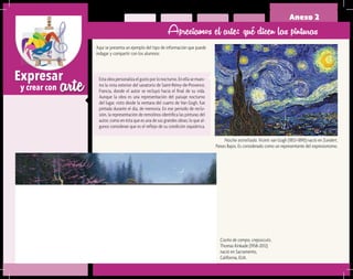 arteExpresar
y crear con
Anexo 2
Apreciamos el arte: qué dicen las pinturas
Estaobrapersonalizaelgustoporlonocturno.Enellasemues-
tra la vista exterior del sanatorio de Saint-Rémy-de-Provence,
Francia, donde el autor se recluyó hacia el final de su vida.
Aunque la obra es una representación del paisaje nocturno
del lugar, visto desde la ventana del cuarto de Van Gogh, fue
pintada durante el día, de memoria. En ese periodo de reclu-
sión, la representación de remolinos identifica las pinturas del
autor, como en ésta que es una de sus grandes obras; lo que al-
gunos consideran que es el reflejo de su condición siquiátrica.
Casita de campo, crepúsculo,
Thomas Kinkade (1958-2012)
nació en Sacramento,
California, EUA.
Noche estrellada. Vicent van Gogh (1853-1890) nació en Zundert,
Países Bajos. Es considerado como un representante del expresionismo.
Aquí se presenta un ejemplo del tipo de información que puede
indagar y compartir con los alumnos:
 