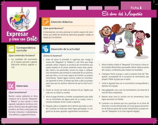 arteExpresar
y crear con
Ficha 3
El show del Maquetúe
¿Qué aprenderemos?	
A relacionarnos con otras personas en nuestro espacio de convi-
vencia, por medio de secuencias dancísticas grupales creadas en
equipo por los alumnos.
¿Cómo lo haremos?	
1.	 Antes de iniciar la actividad, le sugerimos que consiga la
música del “Maquetúe” (o “Maketu”) o del ritmo que tenga
pensado utilizar. Organice la secuencia de movimientos que
espera emplear en un primer momento: brazos atrás, palma-
das, manos a las pantorrillas, tocarse las orejas o cualquier
otro movimiento que estimule la creatividad de sus alumnos,
para que ellos a su vez sean capaces de inventar sus propios
movimientos. Tararee alguna canción; realice los movimien-
tos siguiendo el ritmo, al tiempo que lleva a cabo sus propios
pasos para que los alumnos observen de qué se trata la acti-
vidad.
2.	 Forme un círculo con todos los alumnos de pie. Dígales que
cada uno va a bailar su nombre.
3.	 Inicie el juego diciendo su nombre, acompañando cada sílaba
con un movimiento de alguna parte de su cuerpo, como si
estuviera bailando. Invite a todos a repetirlo.
4.	 Después, pida al compañero de la derecha que baile su nom-
bre. Continúe así hasta que todos hayan participado. Si a al-
gunos les da pena, apóyelos sugiriéndoles movimientos.
¿Qué necesitamos?	
Nuestro cuerpo, grabación en disco
compacto de la canción “Maquetúe”
o “Maketu” (u otra canción o ritmo
regional), reproductor de discos com-
pactos, diversos tipos de papel (crepé,
periódico, de China u otros) para con-
feccionar vestuarios e indumentarias,
cinta adhesiva y pegamento blanco.
¿Qué contenidos fortalece?	
•	 Las cualidades del movimiento
en el espacio personal y general
(Educación artística, segundo ci-
clo).
Intención didáctica
Desarrollo de la actividad
Materiales
Correspondencia
curricular
5.	 Ahora invítelos a bailar el “Maquetúe” (o la música o ritmo se-
leccionado). Mencióneles que pueden utilizar todas las partes
del cuerpo y combinarlas para mejorar los resultados.
6.	 Colóquese frente al grupo y cante la primera línea del “Ma-
quetúe”, acompañada de la secuencia de movimientos que
preparó. Pídale al grupo que la repita.
7.	 Cante la segunda línea con su movimiento correspondiente y
repítala con el grupo.
8.	 Vaya agregando, uno a uno, los movimientos y las líneas de la
canción hasta completarla.
9.	 Repitan varias veces la canción con los movimientos, hasta
lograr ejecutarla con fluidez.
10.	Comente a sus alumnos que van a participar en un show de
televisión a escala internacional, en el que grupos provenien-
tes de diversas partes del mundo interpretarán su propia ver-
sión del “Maquetúe” (o el ritmo regional elegido).
 