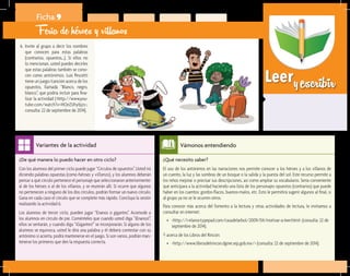 Leeryescribir
¿Qué necesito saber?	
El uso de los antónimos en las narraciones nos permite conocer a los héroes y a los villanos de
un cuento, la luz y las sombras de un bosque o la salida y la puesta del sol. Este recurso permite a
los niños mejorar o precisar sus descripciones, así como ampliar su vocabulario. Sería conveniente
que anticipara a la actividad haciendo una lista de los personajes opuestos (contrarios) que puede
haber en los cuentos: gordos-flacos, buenos-malos, etc. Esto le permitirá sugerir algunos al final, si
al grupo ya no se le ocurren otros.
Para conocer más acerca del fomento a la lectura y otras actividades de lectura, le invitamos a
consultar en internet:
•	 <http://i-elanor.typepad.com/casadelarbol/2009/04/motivar-a-leer.html> (consulta: 22 de
septiembre de 2014).
Y acerca de los Libros del Rincón:
•	 <http://www.librosdelrincon.dgme.sep.gob.mx/> (consulta: 22 de septiembre de 2014).
Vámonos entendiendo
¿De qué manera lo puedo hacer en otro ciclo?	
Con los alumnos del primer ciclo puede jugar “Círculos de opuestos”. Usted irá
diciendo palabras opuestas (como héroes y villanos), y los alumnos deberán
pensar a qué círculo pertenece el personaje que seleccionaron anteriormente:
al de los héroes o al de los villanos, y se reunirán allí. Si ocurre que algunos
no pertenecen a ninguno de los dos círculos, podrán formar un nuevo círculo.
Gana en cada caso el círculo que se complete más rápido. Concluya la sesión
realizando la actividad 6.
Los alumnos de tercer ciclo, pueden jugar “Enanos o gigantes”. Acomode a
los alumnos en círculo de pie. Coménteles que cuando usted diga ”¡Enanos!”,
ellos se sentarán, y cuando diga “¡Gigantes!” se incorporarán. Si alguno de los
alumnos se equivoca, usted le dirá una palabra y él deberá contestar con su
antónimo si acierta, podrá mantenerse en el juego. Si son varios, podrán man-
tenerse los primeros que den la respuesta correcta.
Variantes de la actividad
Ficha 9
Feria de héroes y villanos
6.	 Invite al grupo a decir los nombres
que conocen para estas palabras
(contrarios, opuestos…). Si ellos no
lo mencionan, usted puedes decirles
que estas palabras también se cono-
cen como antónimos. Luis Pescetti
tiene un juego/canción acerca de los
opuestos, llamada “Blanco, negro,
blanco”, que podría incluir para fina-
lizar la actividad (<http://www.you-
tube.com/watch?v=HOeZUhybjzs>,
consulta: 22 de septiembre de 2014).
 
