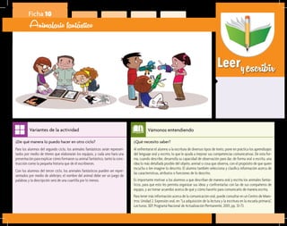 Leeryescribir
¿Qué necesito saber?	
Al enfrentarse el alumno a la escritura de diversos tipos de texto, pone en práctica los aprendizajes
del lenguaje oral y escrito, lo que le ayuda a mejorar sus competencias comunicativas. De esta for-
ma, cuando describe, desarrolla su capacidad de observación para dar, de forma oral o escrita, una
idea lo más detallada posible del objeto, animal o cosa que observa, con el propósito de que quien
escucha o lee imagine lo descrito. El alumno también selecciona y clasifica información acerca de
las características, atributos o funciones de lo descrito.
Es importante motivar a los alumnos a que describan de manera oral y escrita los animales fantás-
ticos, para que esto les permita organizar sus ideas y confrontarlas con las de sus compañeros de
equipo, y así tomar acuerdos acerca de qué y cómo hacerlo para comunicarlo de manera escrita.
Para tener más información acerca de la comunicación oral, puede consultar en un Centro de Maes-
tros: Unidad 2. Expresión oral, en “La adquisición de la lectura y la escritura en la escuela primaria”,
Lecturas, SEP, Programa Nacional de Actualización Permanente, 2001, pp. 33-73.
Vámonos entendiendo
¿De qué manera lo puedo hacer en otro ciclo?	
Para los alumnos del segundo ciclo, los animales fantásticos serán represen-
tados por medio de títeres que elaborarán los equipos, y cada uno hará una
presentación para explicar cómo formaron su animal fantástico, tanto la cons-
trucción como la pequeña historia que de él escribieron.
Con los alumnos del tercer ciclo, los animales fantásticos pueden ser repre-
sentados por medio de alebrijes; el nombre del animal debe ser un juego de
palabras y la descripción será de una cuartilla por lo menos.
Variantes de la actividad
Ficha 10
Animalario fantástico
 