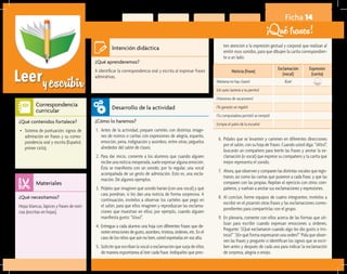Leeryescribir
Ficha 14
¡Qué frases!
¿Qué aprenderemos?	
A identificar la correspondencia oral y escrita al expresar frases
admirativas.
¿Cómo lo haremos?	
1.	 Antes de la actividad, prepare carteles con distintas imáge-
nes de rostros o caritas con expresiones de alegría, espanto,
emoción, pena, indignación y asombro, entre otras; péguelos
alrededor del salón de clases.
2.	 Para dar inicio, comente a los alumnos que cuando alguien
recibe una noticia inesperada, suele expresar alguna emoción.
Ésta se manifiesta con un sonido; por lo regular, una vocal
acompañada de un gesto de admiración. Esto es, una excla-
mación. Dé algunos ejemplos.
3.	 Pídales que imaginen qué sonido harían (con una vocal) y qué
cara pondrían, si les dan una noticia de forma sorpresiva. A
continuación, invítelos a observar los carteles que pegó en
el salón, para que ellos imaginen y reproduzcan las exclama-
ciones que muestran en ellos; por ejemplo, cuando alguien
manifiesta gusto: “¡Uuu!”.
4.	 Entregue a cada alumno una hoja con diferentes frases que de-
noten emociones de gusto, asombro, tristeza, órdenes, etc. En el
caso de los niños que aún no leen, usted expréselas en voz alta.
5.	 Solicite que escriban la vocal o exclamación que surja de ellos
de manera espontánea al leer cada frase. Indíqueles que pres-
¿Qué necesitamos?	
Hojas blancas, lápices y frases de noti-
cias (escritas en hojas).
¿Qué contenidos fortalece?	
•	 Sistema de puntuación: signos de
admiración en frases y su corres-
pondencia oral y escrita (Español,
primer ciclo).
Intención didáctica
Desarrollo de la actividad
Materiales
Correspondencia
curricular
ten atención a la expresión gestual y corporal que realizan al
emitir esos sonidos, para que dibujen la carita correspondien-
te a un lado.
Noticia (frase)
Exclamación
(vocal)
Expresión
(carita)
¡Mañana no hay clases! ¡Eee!
¡Un auto lastimó a tu perrito!
¡Vámonos de vacaciones!
¡Te ganaste un regalo!
¡Tu computadora portátil se rompió!
¡Limpia el patio de la escuela!
6.	 Pídales que se levanten y caminen en diferentes direcciones
por el salón, con su hoja de frases. Cuando usted diga: “¡Alto!”,
buscarán un compañero para leerle las frases y anotar la ex-
clamación (o vocal) que exprese su compañero y la carita que
mejor representa el sonido.
7.	 Ahora, que observen y comparen las distintas vocales que regis-
traron, así como las caritas que pusieron a cada frase, y que las
comparen con las propias. Repitan el ejercicio con otros com-
pañeros, y vuelvan a anotar sus exclamaciones y expresiones.
8.	 Al concluir, forme equipos de cuatro integrantes; invítelos a
escribir en el pizarrón otras frases y las exclamaciones corres-
pondientes para compartirlas con el grupo.
9.	 En plenaria, comente con ellos acerca de las formas que uti-
lizan para escribir cuando expresan emociones u órdenes.
Pregunte: “¿Qué exclamaron cuando algo les dio gusto o tris-
teza?” “¿En qué forma expresaron una orden?” Pida que obser-
ven las frases y pregunte si identifican los signos que se escri-
ben antes y después de cada una para indicar la exclamación
de sorpresa, alegría o enojo.
 