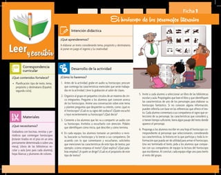 Leeryescribir
Ficha 1
El horóscopo de los personajes literarios
¿Qué aprenderemos?	
A elaborar un texto considerando tema, propósito y destinatario,
al poner en juego el ingenio y la creatividad.
¿Cómo lo haremos?	
1.	 Antes de la actividad, grabe en audio su horóscopo; procure
que contenga las características esenciales que serán trabaja-
das en la actividad. Lleve la grabación al salón de clases.
2. 	Organice al grupo en pequeños círculos de un máximo de cin-
co integrantes. Pregunte a los alumnos qué conocen acerca
de los horóscopos. Anime una conversación sobre este tema
y plantee preguntas que despierten su interés, como: ¿qué es
el horóscopo? ¿Cuál es su signo del zodiaco? ¿Quién escuchó
o leyó recientemente su horóscopo? ¿Qué decía?
3. 	Comente a los alumnos que les va a compartir un audio con
su horóscopo. Invítelos a escucharlo con atención. Pídales
que identifiquen cómo inicia, qué describe y cómo termina.
4. 	En cada equipo, los alumnos tomarán un periódico o revis-
ta, buscarán su horóscopo y lo leerán a sus compañeros. De
acuerdo con lo que comentaron y escucharon, solicíteles
que mencionen las características de este tipo de textos; por
ejemplo: ¿cómo empieza el texto? ¿Qué explica? ¿Qué pala-
bras emplea? ¿A quién se dirige? ¿Cuál es el propósito de este
tipo de textos?
¿Qué necesitamos?	
Grabadora con bocinas, revistas y pe-
riódicos que contengan horóscopos
(estarán tirados en el piso en un área
previamente determinada o sobre una
mesa). Libros de las bibliotecas es-
colar y aula (uno para cada alumno),
hojas blancas y plumones de colores.
¿Qué contenidos fortalece?	
•	 Planificación: tipo de texto, tema,
propósito y destinatario (Español,
segundo ciclo).
Intención didáctica
Desarrollo de la actividad
Materiales
Correspondencia
curricular
5. 	Invite a cada alumno a seleccionar un libro de las bibliotecas
escolar y aula. Propóngales que lean el libro y que identifiquen
las características de uno de los personajes para elaborar su
horóscopo fantástico. Si no conocen alguna información,
pueden inferirla con base en las referencias que ofrece el tex-
to. Cada alumno comentará a sus compañeros el signo que se-
leccionó de su personaje, las características que consideró y,
si tienen tiempo suficiente, leerá algún pasaje del texto donde
aparece el personaje.
6. 	Proponga a los alumnos escribir en una hoja el horóscopo co-
rrespondiente al personaje que seleccionaron, considerando
sus características, la historia en la que participa y toda la in-
formación que pueda ser de utilidad para armar el horóscopo.
Una vez terminado el texto, pida a los alumnos que compar-
tan con sus compañeros de equipo la lectura del horóscopo
que escribieron. Al concluir, cada equipo elige uno para leerlo
al resto del grupo.
 