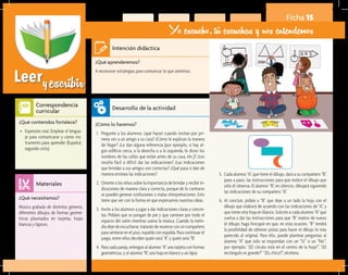 Leeryescribir
Ficha 15
Yo escucho, tú escuchas y nos entendemos
¿Qué aprenderemos?	
A reconocer estrategias para comunicar lo que sentimos.
¿Cómo lo haremos?	
1.	 Pregunte a los alumnos: ¿qué hacen cuando invitan por pri-
mera vez a un amigo a su casa? ¿Cómo le explican la manera
de llegar? ¿Le dan alguna referencia (por ejemplo, si hay al-
gún edificio cerca, a la derecha o a la izquierda, le dicen los
nombres de las calles que están antes de su casa, etc.)? ¿Les
resulta fácil o difícil dar las indicaciones? ¿Las indicaciones
que brindan a sus amigos son correctas? ¿Qué pasa si dan de
manera errónea las indicaciones?
2.	 Oriente a los niños sobre la importancia de brindar y recibir in-
dicaciones de manera clara y correcta, porque de lo contrario
se pueden generar confusiones o malas interpretaciones. Esto
tiene que ver con la forma en que expresamos nuestras ideas.
3.	 Invite a los alumnos a jugar a dar indicaciones claras y concre-
tas. Pídales que se pongan de pie y que caminen por todo el
espacio del salón mientras suena la música. Cuando la melo-
día deje de escucharse, tratarán de reunirse con un compañero
para sentarse en el piso, espalda con espalda. Para continuar el
juego, entre ellos deciden quién será “A” y quién será “B”.
4.	 Para cada pareja, entregue al alumno “A” una tarjeta con formas
geométricas, y al alumno “B”, una hoja en blanco y un lápiz.
¿Qué necesitamos?	
Música grabada de distintos géneros,
diferentes dibujos de formas geomé-
tricas plasmados en tarjetas, hojas
blancas y lápices.
¿Qué contenidos fortalece?	
•	 Expresión oral. Emplear el lengua-
je para comunicarse y como ins-
trumento para aprender (Español,
segundo ciclo).
Intención didáctica
Desarrollo de la actividad
Materiales
Correspondencia
curricular
5.	 Cada alumno “A”, que tiene el dibujo, dará a su compañero “B”,
paso a paso, las instrucciones para que realice el dibujo que
sólo él observa. El alumno “B”, en silencio, dibujará siguiendo
las indicaciones de su compañero “A”.
6.	 Al concluir, pídale a “B” que deje a un lado la hoja con el
dibujo que elaboró de acuerdo con las indicaciones de “A”, y
que tome otra hoja en blanco. Solicite a cada alumno “A” que
vuelva a dar las instrucciones para que “B” realice de nuevo
el dibujo; haga hincapié en que, en esta ocasión, “B” tendrá
la posibilidad de obtener pistas para hacer el dibujo lo más
parecido al original. Para ello, puede plantear preguntas al
alumno “A” que sólo se respondan con un “Sí” o un “No”;
por ejemplo: “¿El círculo está en el centro de la hoja?”, “¿El
rectángulo es grande?” “¿Es chico?”, etcétera.
 