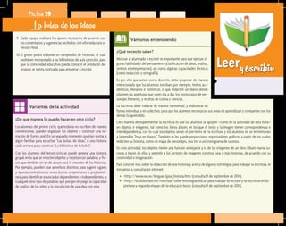 Leeryescribir
¿Qué necesito saber?	
Motivar al alumnado a escribir es importante para que ejerzan al-
gunas habilidades del pensamiento (clasificación de ideas, análisis,
síntesis e interpretación), así como algunas capacidades técnicas
(como redacción y ortografía).
Es por ello que usted, como docente, debe propiciar de manera
intencionada que los alumnos escriban, por ejemplo, textos aca-
démicos, literarios e históricos, o que redacten un diario donde
plasmen las aventuras que viven día a día, los horóscopos de per-
sonajes literarios, y recetas de cocina y ciencias.
La escritura debe tratarse de manera transversal, y elaborarse de
Vámonos entendiendo
¿De qué manera lo puedo hacer en otro ciclo?	
Los alumnos del primer ciclo, que todavía no escriben de manera
convencional, pueden organizar los objetos y construir una na-
rración de forma oral. En un segundo momento podrían invitar a
algún familiar para escuchar “Las bolsas de ideas”, o una historia
cada semana para construir “La biblioteca de la bolsa”.
Con los alumnos del tercer ciclo se puede generar una historia
grupal en la que se mezclen objetos y tarjetas con palabras y fra-
ses, que también sirvan de apoyo para la creación de las historias.
Por ejemplo, pueden usar adverbios distintos para sugerir lugares
y épocas; conectores o nexos (como conjunciones o preposicio-
nes) para identificar enunciados dependientes e independientes, o
cualquier otro tipo de palabras que pongan en juego la capacidad
de análisis de los niños y la vinculación de una idea con otra.
Variantes de la actividad
Ficha 19
La bolsa de las ideas
9.	 Cada equipo realizará los ajustes necesarios de acuerdo con
los comentarios y sugerencias recibidos; con ello redactará su
versión final.
10.	El grupo podrá elaborar un compendio de historias, el cual
podrá ser incorporado a las bibliotecas de aula y escolar, para
que la comunidad educativa pueda conocer el producto del
grupo y se sienta motivada para atreverse a escribir.
forma individual y en colectivo, para que los alumnos reconozcan sus áreas de aprendizaje y compartan con los
demás lo aprendido.
Otra manera de experimentar la escritura es que los alumnos se apoyen –como en la actividad de esta ficha–
en objetos e imágenes, tal como los libros álbum, en los que el texto y la imagen tienen correspondencia e
interdependencia, con lo cual los objetos serían el pre-texto de la escritura y los alumnos no se enfrentarían
a la temible “hoja en blanco”. También se les puede proporcionar organizadores gráficos, a partir de los cuales
redacten su historia, como un mapa de personajes, una tira o un cronograma de sucesos.
En esta actividad, los objetos tienen una función semejante a la de las imágenes de un libro álbum: narrar su-
cesos a través de ellas y permitir a los lectores de imágenes construir una o más historias, de acuerdo con su
creatividad e imaginación.
Para conocer más sobre la redacción de una historia y acerca de algunas estrategias para trabajar la escritura, le
invitamos a consultar en internet:
•	 <http://www.oei.es/lenguas/guia_historia.htm> (consulta: 9 de septiembre de 2014).
•	 <http://es.slideshare.net/marrisan/taller-estrategias-ldicas-para-trabajar-la-lectura-y-la-escritura-en-la-
primera-y-segunda-etapas-de-la-educacin-bsica> (consulta: 9 de septiembre de 2014).
 