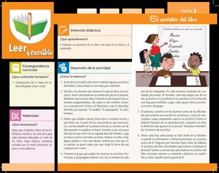 Leeryescribir
Ficha 2
El acróstico del libro
¿Qué aprenderemos?	
A elaborar un acróstico de un libro con base en el título y el
contenido.
¿Cómo lo haremos?	
1.	 Antes de la actividad, seleccione o elabore algunos acrósticos
divertidos y transcríbalos en una hoja para rotafolios.
2.	 Solicite a los alumnos que observen lo que escribirá en el pi-
zarrón. Anote verticalmente su nombre de pila en el pizarrón.
Mediante una lluvia de ideas, fomente la participación de sus
alumnos preguntándoles: ¿de quién es ese nombre? ¿Cono-
cen a esa persona? ¿Cómo es? Motívelos a que lo describan
diciendo, por ejemplo: “Es amable”, “Es tabasqueño”, “Es alto”,
etcétera.
3.	 Pídales que señalen cuántas letras tiene el nombre escrito y
qué letras son. A partir de las características que menciona-
ron, escriba delante de la primera letra de su nombre una de
ellas (pueden ser palabras o frases). Anímelos a dar una nueva
descripción que inicie con la segunda letra del nombre, y siga
así hasta concluir con todas sus letras. Analice con ellos si hay
alguna palabra o frase que deseen cambiar por otra que, en
su opinión, se ajuste mejor para que tenga la forma de una
composición o verso.
4.	 Comente al grupo que acaban de construir un acróstico. For-
me binas y propóngales elaborar uno con el nombre de cada
¿Qué necesitamos?	
Hojas para rotafolios, libros de las bi-
bliotecas escolar y de aula (uno para
cada alumno) adecuados al nivel de
los niños, hojas blancas, cartulinas
cortadas por la mitad, plumones, lá-
pices y cinta adhesiva.
¿Qué contenidos fortalece?	
•	 Comprensión de la trama de un
texto (Español, tercer ciclo).
Intención didáctica
Desarrollo de la actividad
Materiales
Correspondencia
curricular
uno de los integrantes. En cada acróstico resaltarán las cua-
lidades personales. Al terminar, cada bina elegirá uno de los
dos acrósticos y lo escribirán en la cartulina o en la mitad de
una hoja para rotafolios. Luego, cada equipo leerá su acrósti-
co al resto del grupo.
5.	 En plenaria, converse con los alumnos acerca de las dificulta-
des que tuvieron para escribir los acrósticos y cómo las solu-
cionaron. Luego, pregúnteles: ¿qué es un acróstico? ¿Cómo se
elabora? Después de sus participaciones, comparta con ellos
la definición que aparece en la sección “Vámonos entendien-
do”, al reverso de esta ficha.
6.	 Ahora cada bina seleccionará un libro breve de la bibliote-
ca (puede ser informativo o literario) para hacer un acróstico
acerca de él. Pregunte qué necesitan hacer antes de elaborar
el acróstico del libro. Recuérdeles qué hicieron al elaborar el
de usted. Guíelos a concluir que, para elaborar el acróstico del
libro, necesitan conocer su contenido y destacar sus cualida-
des, es decir, aquello que les gustó de él.
 