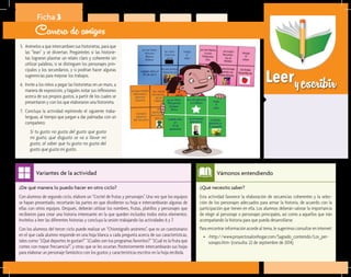 Leeryescribir
¿Qué necesito saber?	
Esta actividad favorece la elaboración de secuencias coherentes y la selec-
ción de los personajes adecuados para armar la historia, de acuerdo con la
participación que tienen en ella. Los alumnos deberán valorar la importancia
de elegir al personaje o personajes principales, así como a aquellos que irán
acompañando la historia para que pueda desarrollarse.
Para encontrar información acorde al tema, le sugerimos consultar en internet:
•	 <http://www.proyectosalonhogar.com/Sagrado_contenido/Los_per-
sonajes.htm> (consulta: 22 de septiembre de 2014).
Vámonos entendiendo
¿De qué manera lo puedo hacer en otro ciclo?	
Con alumnos de segundo ciclo, elabore un “Coctel de frutas y personajes”. Una vez que los equipos
se hayan presentado, recortarán las partes en que dividieron su hoja e intercambiarán algunas de
ellas con otros equipos. Después, deberán utilizar los nombres, frutas, platillos y personajes que
recibieron para crear una historia interesante en la que queden incluidos todos estos elementos.
Invítelos a leer las diferentes historias y concluya la sesión trabajando las actividades 6 y 7.
Con los alumnos del tercer ciclo puede realizar un “Chismógrafo anónimo”, que es un cuestionario
en el que cada alumno responde en una hoja blanca a cada pregunta acerca de sus características,
tales como: “¿Qué deportes te gustan?” “¿Cuáles son tus programas favoritos?” “¿Cuál es la fruta que
comes con mayor frecuencia?”, y otras que se les ocurran. Posteriormente intercambiarán sus hojas
para elaborar un personaje fantástico con los gustos y características escritos en la hoja recibida.
Variantes de la actividad
Ficha 3
Carrera de amigos
5.	 Anímelos a que intercambien sus historietas, para que
las “lean” y se diviertan. Pregúnteles si las historie-
tas lograron plasmar un relato claro y coherente sin
utilizar palabras, si se distinguen los personajes prin-
cipales y los secundarios, y si podrían hacer algunas
sugerencias para mejorar los trabajos.
6.	 Invite a los niños a pegar las historietas en un muro, a
manera de exposición, y hágales notar sus reflexiones
acerca de sus propios gustos, a partir de los cuales se
presentaron y con los que elaboraron una historieta.
7.	 Concluya la actividad repitiendo el siguiente traba-
lenguas, al tiempo que juegan a dar palmadas con un
compañero:
Si tu gusto no gusta del gusto que gusta
mi gusto, qué disgusto se va a llevar mi
gusto, al saber que tu gusto no gusta del
gusto que gusta mi gusto.
 