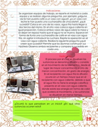Indicaciones
Se organizan equipos de trabajo, se reparte el material a cada
equipo y se realizan algunas preguntas, por ejemplo: ¿alguna
vez le han puesto café a un vaso con agua?, ¿a un vaso con
leche le han puesto una cucharadita de chocolate?, ¿qué
sucedió? Coloca en uno de los vasos, agua fría hasta llegar a
dos tercios del mismo. En el otro vaso coloca agua caliente en
igual proporción. Coloca ambos vasos de agua sobre la mesa y
se dejan en reposo hasta que el agua no se mueva. Esparce en
forma de lluvia una cucharadita de café en el vaso con agua
fría, sin agitar ni introducir la cuchara. Repite la operación en el
vaso con agua caliente. Realiza la siguiente pregunta ¿qué
creen que sucedió? Permite que los alumnos construyan sus
hipótesis Observa ambos recipientes y compara lo sucedido en
cada uno.
Explicación:
El proceso por el cual se disuelven las
sustancias se denomina difusión y consiste
en el movimiento de los elementos, desde el
lugar de mayor concentración a otro de
menor concentración, sin gasto de energía.
En el recipiente con agua fría la difusión
ocurre en un tiempo mayor que en el
recipiente con agua caliente, debido a que
el agua fría no tiene la energía calorífica
presente en el vaso con agua caliente,
donde existe esa energía en forma de calor
que acelera el movimiento, y las sustancias
se disuelven en menor tiempo.
¿Ocurrió lo que pensaban en un inicio? ¿En qué otras
sustancias ocurren esto?
__________________________________________________________
__________________________________________________________
__________________________________________________________
29
 