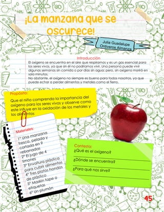 ¡La manzana que se
oscurece!
Introducción
El oxígeno se encuentra en el aire que respiramos y es un gas esencial para
los seres vivos, ya que sin él no podríamos vivir. Una persona puede vivir
algunas semanas sin comida o por días sin agua; pero, sin oxígeno morirá en
solo minutos.
No obstante, el oxígeno no siempre es bueno para todos nosotros, ya que
puede echar a perder alimentos y metales como el fierro.
45
 