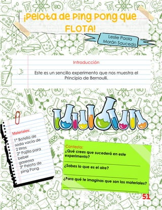 ¡Pelota de Ping Pong que
FLOTA!
Introducción
Este es un sencillo experimento que nos muestra el
Principio de Bernoulli.
51
 
