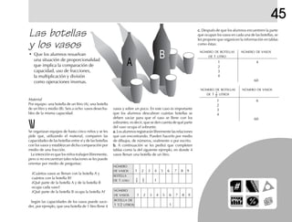 45
Las botellas
y los vasos
c.c.c.c.c. Después de que los alumnos encuentren la parte
que ocupan los vasos en cada una de las botellas, se
les propone que organicen la información en tablas
como éstas:
NÚMERO DE BOTELLAS NÚMERO DE VASOS
DE 1 LITRO
1 4
2
3
4
60
• Que los alumnos resuelvan
una situación de proporcionalidad
que implica la comparación de
capacidad, uso de fracciones,
la multiplicación y división
como operaciones inversas.
NÚMERO DE BOTELLAS NÚMERO DE VASOS
DE 1 1
2 LITROS
1 6
2
3
4
60
vasos y sobre un poco. En este caso es importante
que los alumnos descubran cuántas botellas se
deben vaciar para que el vaso se llene con los
sobrantes; es decir, que se den cuenta de qué parte
del vaso ocupa el sobrante.
a.a.a.a.a. Los alumnos registrarán libremente las relaciones
que van encontrando. Pueden hacerlo por medio
de dibujos, de números, oralmente o por escrito.
b.b.b.b.b. A continuación se les pedirá que completen
tablas como la del siguiente ejemplo, en donde 4
vasos llenan una botella de un litro.
Se organizan equipos de hasta cinco niños y se les
pide que, utilizando el material, comparen las
capacidades de las botellas entre sí y de las botellas
con los vasos y establezcan dicha comparación por
medio de una fracción.
La intención es que los niños trabajen libremente,
pero si no encuentran tales relaciones se les puede
orientar por medio de preguntas:
¿Cuántos vasos se llenan con la botella A y
cuántos con la botella B?
¿Qué parte de la botella A y de la botella B
ocupa cada vaso?
¿Qué parte de la botella B ocupa la botella A?
Según las capacidades de los vasos puede suce-
der, por ejemplo, que una botella de 1 litro llene 4
Material
Por equipo: una botella de un litro (A), una botella
de un litro y medio (B). Seis a ocho vasos desecha-
bles de la misma capacidad.
NÚMERO
DE VASOS 1 2 3 4 5 6 7 8 9
BOTELLA DE
1 1/2 LITROS 1
NÚMERO
DE VASOS 1 2 3 4 5 6 7 8 9
BOTELLA
DE 1 LITRO 1
 