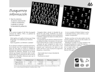46
Busquemos
información
• Que los alumnos
recolecten información
y utilicen el kilómetro
cuadrado al calcular
la densidad de población.
Si no se considera el Distrito Federal, ¿cuál es
la densidad máxima, cuál la mínima y a qué
estados corresponden?
Realicen una lista con los siete estados más den-
samente poblados y otra con los diez estados con
menor densidad de población.
Identifiquen el estado con mayor superficie. ¿Su
densidad de población es alta? ¿Por qué? La
cantidad de kilómetros cuadrados
de un estado define una
alta densidad de po-
blación? ¿Por qué?
Enseguida deben calcular la densidad de po-
blación de cada estado, dividiendo con calcula-
dora la cantidad de población entre los kilómetros
cuadrados y agregar estos datos en la tabla anterior
como se muestra.
Es importante que los alumnos coloquen las fuen-
tes debajo de la tabla. Una fuente es, en este caso,
el documento del que se obtuvo la información.
Después de que completen la tabla con la
densidad de población de cada estado, se les
propone que representen los datos en una
gráfica de barras y que resuelvan las siguientes
preguntas y situaciones.
¿Qué estado tiene la mayor densidad de
población?
¿Cuál tiene la menor?
1.1.1.1.1. Se muestra la página 49 del Atlas de geografía
universal (SEP, México, 1993) y se plantean las
siguientes preguntas:
¿Qué significa en la gráfica de barras que Hong
Kong tenga 5 433 habitantes por kilómetro
cuadrado?
¿Qué tan grande es un kilómetro cuadrado?
2.2.2.2.2. Los alumnos averiguan la extensión del munici-
pio en donde viven y la cantidad de habitantes. A
partir de estos datos se calcula la cantidad de
habitantes por kilómetro cuadrado para conocer la
densidad de población. Después se les puede
solicitar que busquen información sobre la canti-
dad de población y la extensión de cada uno de los
estados de la República Mexicana para que la
organicen en una tabla.
Fuente: Área total territorial continental e insular en kilómetros cuadrados, IX Censo General de Población, 1970.
INEGI, XI Censo General de Población y Vivienda, México, 1990.
ENTIDAD SUPERFICIE km2
HABITANTES DENSIDAD hab/km2
Aguascalientes 5 589 719 659 129
Baja California 70 113 1 660 855 24
 