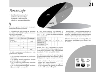 21
2.2.2.2.2. Cinco amigos compran 100 chocolates en
60 pesos. La contribución de cada uno ha sido de
15, 3, 12, 18 y 12 pesos. ¿Cuántos chocolates le
tocan a cada uno?
Porcentaje
• Que los alumnos resuelvan
problemas de porcentaje,
expresado como fracción
y analicen la proporcionalidad.
3.3.3.3.3. Entre 1970 y 1974 la población de las ciudades
A, B y C aumentó 10%. ¿Cuál es la población en
1974,sien1970laciudadAtenía3400habitantes,
la ciudad B, 79 000 y la ciudad C, 35 000.
4.4.4.4.4. A 900 personas se les hace la siguiente pregunta
¿Conoce usted el nombre de la capital de Turquía?
El 35 por ciento responde correctamente: Ankara.
¿Cuál es el número de personas que conoce el
nombre de la capital de Turquía?
¿Cuál es el porcentaje de personas que lo ignoran?
¿Cuál es el número de personas que ignoran el
nombre de la capital de Turquía?
La tabla se analiza junto con los alumnos y se les
plantean varias preguntas:
¿Qué porcentaje corresponde a la población de
4 600 niños?
¿Qué cantidad de niños representa la mitad de
población? ¿Qué porcentaje?
¿Qué fracción de la población total representa
25%? ¿A cuántos niños corresponde?
¿Qué fracción del total representan 460 niños?
¿Qué porcentaje le corresponde?
PRECIO EN
PESOS 60 15 3 12 18 12
NÚMERO DE
CHOCOLATES 100
Se puede sugerir a los alumnos que usen fraccio-
nes equivalentes para calcular el número de per-
sonas que respondieron correctamente y para el
número de personas que ignoran la respuesta.
5.5.5.5.5. Escribe un mensaje, lo más breve posible, para
que cualquier persona sepa cómo calcular el 30%
de 45 000.
El maestro organiza a los alumnos en equipos y les
presenta los siguientes problemas:
1.1.1.1.1. La población de niños menores de 16 años en
una ciudad es de 4 600. En la gráfica se muestra su
distribución por edades.
Completa la siguiente tabla:
EDAD % FRACCIÓN POBLACIÓN
MENORES
DE 16 AÑOS 1 4 600
1
2
25
1
8
460
50%
12.5%
1
8
1
4
 