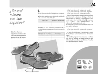 24
1.1.1.1.1. Los alumnos atienden las siguientes consignas:
a.a.a.a.a. Completa la tabla con el número de calzado de
cada uno de los niños del salón.
¿Cuál es el número de calzado más grande?
¿Cuál es el número de calzado más pequeño?
¿Cuál es el número de calzado promedio?
Paracalcularelnúmeropromediosesumantodos
los números de calzado y se divide por el total de
encuestados. Por ejemplo, si los números de calza-
do de cuatro niños son: 3 1
2 , 4, 4 y 4 1
2 , se suman,
3 1
2 + 4 + 4 + 4 1
2 = 16 ; 16 entre 4 niños= 4. El
número de calzado promedio es 4.
c.c.c.c.c. Representa los datos de la tabla de frecuencias en
una gráfica de barras.
¿Cuál es el número de calzado más frecuente?
Al valor más frecuente se le llama modo o moda.
Es el valor que supera las frecuencias de los otros
datos.
Se pueden proponer otras encuestas a lo largo
del año, por ejemplo, de horas diarias que ven
televisión, de horas diarias que dedican al estudio,
a su deporte preferido, etcétera.
APELLIDO
b.b.b.b.b. Ordena los datos anteriores dependiendo de la
cantidaddealumnosqueusanelmismonúmerode
calzado.
NÚMERO DE CALZADO FRECUENCIA
¿De qué
número
son tus
zapatos?
• Que los alumnos
organicen los datos de
una encuesta en tablas
y en gráficas de barras.
NÚMERO DE CALZADO
 