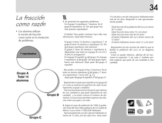 34
15 y 64 años y uno de cada quince habitantes tiene
más de 64 años. Responde lo más aproximada-
mente posible:
¿Qué fracción de la población del AMCM es menor
de 15 años?
¿Qué fracción tiene entre 15 y 64 años?
¿Qué fracción tiene más de 64 años?
¿Cuántos habitantes del AMCM tienen menos de
15 años?
¿Cuántos habitantes tienen entre 15 y 64 años?
Representen los tres sectores de edad en que se
dividió la población del AMCM en un diagrama
circular.
Como se puede observar, además de las frac-
ciones la expresión “x de cada y” también per-
mite expresar qué parte de una cantidad es otra
cantidad.
La fracción
como razón
• Los alumnos utilizan
la noción de fracción
como razón en la resolución
de problemas.
1.1.1.1.1. Se presentan los siguientes problemas:
En el grupo A reprobaron 7 alumnos. En el
grupo B reprobaron 10. ¿En qué grupo hay
más alumnos reprobados?
¡Cuidado! Para poder contestar hace falta más
información. ¿Qué falta? Veamos.
El grupo A tiene 14 alumnos y reprobaron 7. El
grupo B tiene 50 alumnos y reprobaron 10. ¿En
qué grupo reprobaron más alumnos?
El grupo C tiene 40 alumnos y reprobaron 8.
¿Reprueban más niños en el grupo B o en el C?
¿Cómo lo averiguaron?
En el grupo D reprobó del grupo. En el grupo
E reprobaron del grupo. ¿En qué grupo repro-
baron más alumnos? ¿Qué parte del grupo A
reprobó?
Recuerden: en el grupo A hay 14 alumnos. Por lo
tanto un alumno representa del grupo y 7 alum-
nos representan 7 veces más: =
¿Qué parte del grupo B reprobó? ¿Y del grupo C?
Representen la parte que reprobó en los grupos B
y C como se muestra (la superficie de cada círculo
representa al grupo completo).
Hay muchas situaciones en las que lo que interesa
de una cantidad es qué parte representa de otra
cantidad, y no tanto conocer el número de ele-
mentos. Las fracciones permiten expresar esta rela-
ción entre una parte y un todo.
2.2.2.2.2. Según el censo de población de 1990, la pobla-
ción total del Área Metropolitana de la Ciudad de
México (AMCM) tiene 15 002 838 habitantes.
Aproximadamente uno de cada tres habitantes es
menor de 15 años, tres de cada cinco tiene entre
Grupo C
7 reprobados
Grupo A
Total 14
alumnos
Grupo B
 