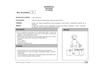 Núm. de actividad
Nombre de la actividad:
Conocimiento:
Habilidad:
Material:
Descripción:
Variante:
Ejemplo:
Fichero de Juegos y Actividades
MATEMÁTICAS
Geometría
1er. Grado
11
Cajas de figuras.
Descubre algunas propiedades de figuras geométricas.
Juega con figuras geométricas para establecer colecciones y representar objetos de la
realidad.
3 cajas de diferente forma geométrica, figuras geométricas (triángulo, círculo, cuadrado,
rectángulo, círculo), objetos de diferentes formas.
• El o la docente acomoda en el centro del salón 3 cajas de
diferente forma geométrica, cada niño o niña coloca objetos que
tengan la misma forma de la caja.
• Explican las características de cada objeto que coloca en la caja y
el por qué lo relacionan con esa forma geométrica.
Ejemplo:
Es un cuadro
Es de color rojo
Es igual a la ventana, etc.
• Cada equipo tiene una casa hecha de figuras geométricas.
• Descomponen la casa en partes, separando tejado, ventana,
puerta, etc.
• Cuando terminan mencionan la forma que tiene cada parte de la
casa. (También pueden utilizar el salón).
14
 