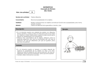 Núm. de actividad
Nombre de la actividad:
Conocimiento:
Habilidad:
Material:
Descripción:
Variante:
Ejemplo:
Fichero de Juegos y Actividades
MATEMÁTICAS
Concepto de Número
2do. Grado
15
Paletas diferentes
Reconoce propiedades en los objetos.
Realiza comparaciones con objetos concretos en función de sus propiedades (color, forma,
tamaño, función).
Paletas de diferente forma geométrica, tamaño, color.
• El o la docente muestra una variedad de paletas con diferentes
formas, tamaños y colores, el niño o la niña pone junto la que debe
de ir (define su criterio clasificatorio) y explica la razón de por qué lo
agrupó así, estableciendo una comparación.
• Observa otras características de los objetos, reflexiona sobre las
siguientes preguntas: ¿Por qué los acomodaste así?, ¿En qué se
parecen?, ¿En qué son diferentes?, ¿En qué son iguales?, ¿Para
qué sirven las paletas?.
• El o la docente muestra un tenedor y un peine, después de
observar las propiedades de los objetos, los niños y las niñas
reflexionan sobre las preguntas: ¿En qué se parecen?, ¿En qué son
diferentes?, ¿Para qué sirve el tenedor?, ¿Para qué sirve el peine?
• También utilizan instrumentos musicales.
18
 