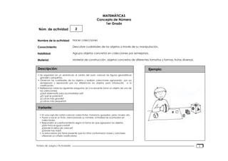 Núm. de actividad
Nombre de la actividad:
Conocimiento:
Habilidad:
Material:
Descripción:
Variante:
Ejemplo:
Fichero de Juegos y Actividades
MATEMÁTICAS
Concepto de Número
1er Grado
2
Hacer colecciones
Descubre cualidades de los objetos a través de su manipulación.
Agrupa objetos concretos en colecciones por semejanza.
Material de construcción, objetos concretos de diferentes tamaños y formas, frutas diversas.
• Se organizan en un semicírculo al centro del aula; colocan las figuras geométricas
grandes y pequeñas.
• Observan las cualidades de los objetos y realizan colecciones agrupando por sus
semejanzas y separando por sus diferencias los objetos para introducirlo a la
clasificación.
• Reflexionan sobre las siguientes preguntas (el o la docente toma un objeto de una de
las colecciones)
¿Qué observaste para acomodarlas así?
¿En qué se parecen?
¿Cuál es más grande?
¿Cuál es más pequeña?
• En una caja de cartón colocan varias frutas, manzana, guayaba, pera, ciruela, etc.
• Pasan a sacar un fruta, mencionando su nombre, al finalizar las acomodan en
colecciones.
• Responden al cuestionamiento según la forma en que agruparon los objetos.
¿Esta fruta es igual a esta?
¿Dónde la debo de colocar?
¿Dónde hay más?
• La educadora (or) tiene presente que los niños conformaron clases y subclases
utilizando un criterio clasificatorio.
5
 