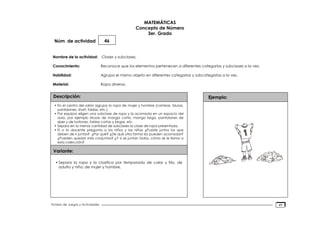 Núm. de actividad
Nombre de la actividad:
Conocimiento:
Habilidad:
Material:
Descripción:
Variante:
Ejemplo:
Fichero de Juegos y Actividades
MATEMÁTICAS
Concepto de Número
3er. Grado
46
Clases y subclases.
Reconoce que los elementos pertenecen a diferentes categorías y subclases a la vez.
Agrupa el mismo objeto en diferentes categorías y subcategorías a la vez.
Ropa diversa.
• En el centro del salón agrupa la ropa de mujer y hombre (camisas, blusas,
pantalones, short, faldas, etc.)
• Por equipos eligen una subclase de ropa y la acomoda en un espacio del
aula, por ejemplo blusas de manga corta, manga larga, pantalones de
síper y de botones, faldas cortas y largas, etc.
• Separa en la menor cantidad de subclases la clase de ropa presentada.
• El o la docente pregunta a los niños y las niñas ¿Pusiste juntos los que
deben de ir juntos? ¿Por qué? ¿De qué otra forma los pueden acomodar?
¿Pueden quedar más conjuntos? ¿Y si se juntan todos, cómo se le llama a
esta colección?
• Separa la ropa y la clasifica por temporada de calor y frío, de
adulto y niño; de mujer y hombre.
49
 