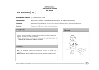 Núm. de actividad
Nombre de la actividad:
Conocimiento:
Habilidad:
Material:
Descripción:
Variante:
Ejemplo:
Fichero de Juegos y Actividades
MATEMÁTICAS
Concepto de Número
3er Grado
57
¿ Cuántos sonidos son ?
Reconoce el número como fuente de información, de orden y de cantidad.
Representa cantidades en forma gráfica acercándose a nuestro sistema convencional.
Tarjetas con números, instrumentos musicales.
• El o la docente reparte un instrumento musical a cada niño y niña.
• El o la docente muestra una tarjeta.
• Cada uno pasa al frente con su instrumento musical y realiza la
cantidad de sonidos que muestra la tarjeta.
• El o la docente suena un instrumento musical las veces que
desee.
• Representan gráficamente la cantidad de sonidos que escuchan.
60
 