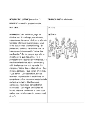 NOMBRE DEL JUEGO:"jaime dice…". TIPO DE JUEGO: tradicionales
OBJETIVO:retención y coordinación
MATERIAL: CICLO:2°
DESARROLLO: Es un clásico juego de
eliminación. Sin embargo, con alumnos
mayores cuesta que se eliminen (y además
tampoco interesa si queremos que sirva
como actividad de calentamiento). - El
profesor va diciendo las órdenes que se
invente con la introducción "Jaime dice
que hagáis…". De tal manera que sólo se
debe hacer lo que dice Jaime. - Si el
profesor ordena algo sin el "Jaime dice…" y
un alumno lo realiza, estará eliminado y
saldrá del grupo que está jugando. Por
ejemplo… "Jaime dice… - Que salten. - Que
den una palmada. - Que corran en el sitio.
- Que paren. - Que se sienten…que se
levanten. - Que toquen la espalda de un
compañero. - Que vayan corriendo hasta la
portería y vuelvan. - Que hagan un
ejercicio de flexibilidad para estirar el
cuádriceps. - Que hagan 5 flexiones de
brazos. - Que se tumben en el suelo boca
arriba…que pedaleen con las piernas en el
aire...".
GRÁFICA:
 
