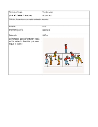 Nombre del juego:
¡QUE NO CAIGA EL BALON!
Tipo del juego:
MODIFICADO
Objetivo: lanzamientos, recepción, velocidad, atención.
Material:
BALON GIGANTE
Ciclo:
SEGUNDO
Desarrollo:
Entre todos golpear el balón hacia
arriba tratando de evitar que este
toque el suelo.
Gráfica:
 