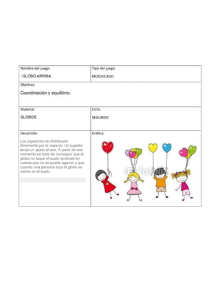 Nombre del juego:
GLOBO ARRIBA
Tipo del juego:
MODIFICADO
Objetivo:
Coordinación y equilibrio.
Material:
GLOBOS
Ciclo:
SEGUNDO
Desarrollo:
 Los jugadores se distribuyen
libremente por el espacio. Un jugador
lanza un globo al aire. A partir de ese
momento se trata de conseguir que el
globo no toque el suelo teniendo en
cuenta que no se puede agarrar y que
cuando una persona toca el globo se
sienta en el suelo.
Gráfica:
 