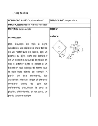 Ficha tecnica
NOMBRE DEL JUEGO:“a primera base” TIPO DE JUEGO: corporativos
OBJETIVO:coordinación, rapidez, velocidad
MATERIAL: bases, pelota CICLO:2°
DESARROLLO:
Dos equipos de tres a ocho
jugadores, un equipo se sitúa dentro
de un rectángulo de juego, con un
pitcher. El otro, fuera del campo y
en un extremo. El juego consiste en
que el pitcher lanza la pelota a un
bateador, que golpea de forma que
la bola bote dentro del campo. A
partir de ese momento, los
atacantes intentan llegar al extremo
contrario antes de que los
defensores devuelvan la bola al
pitcher, obteniendo, en tal caso, un
punto para su equipo.
GRÁFICA:
 