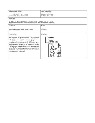 Nombre del juego:
BALONCESTO DE GIGANTES
Tipo del juego:
PREDEPORTIVOS
Objetivo:
QUE EL ALUMNO SE FAMILIARICE CON EL MATERIAL QUE USARA.
Material:
BALÓN DE BALONCESTO Y ZANCOS
Ciclo:
TERCER
Desarrollo:
Dos equipos de igual número. Los jugadores
calzados con zancos. Se trata de jugar un
partido de baloncesto con la dificultad que
supone elevar el centro de gravedad. Previo
a este juego deben existir unas sesiones en
las que el alumno se familiarice y afiance en
el uso de este material.
Gráfica:
 