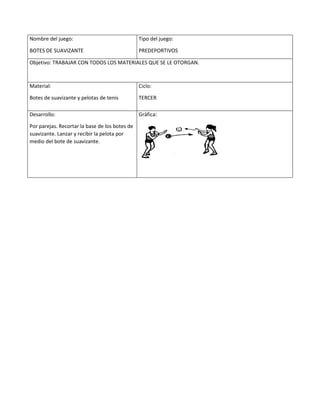 Nombre del juego:
BOTES DE SUAVIZANTE
Tipo del juego:
PREDEPORTIVOS
Objetivo: TRABAJAR CON TODOS LOS MATERIALES QUE SE LE OTORGAN.
Material:
Botes de suavizante y pelotas de tenis
Ciclo:
TERCER
Desarrollo:
Por parejas. Recortar la base de los botes de
suavizante. Lanzar y recibir la pelota por
medio del bote de suavizante.
Gráfica:
 
