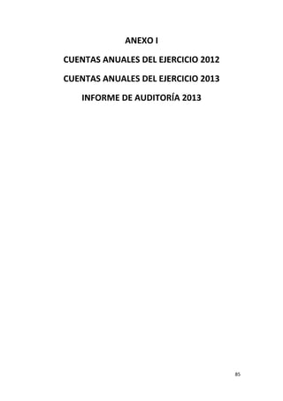 85
ANEXO I
CUENTAS ANUALES DEL EJERCICIO 2012
CUENTAS ANUALES DEL EJERCICIO 2013
INFORME DE AUDITORÍA 2013
 