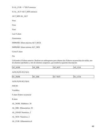 Si AL_CUR = 1º BUP entonces

Si AL_ALT<ALT_MIN entonces

ALT_MIN AL_ALT

Finsi

Finsi

Finsi

Leer F.alum

Finmientras

IMPRIME Altura máxima ALT_MAX

IMPRIME Altura mínima ALT_MIN

Cerrar F.alum

Fin.

Utilizando el fichero anterior. Realizar un ordinograma para obtener dos ficheros secuenciales de salida, uno
de alumnos aprobados y otro de alumnos suspensos, que tendrá la siguiente descripción:

AP_NOM                      AP_DIR                     AP_NOT                      AP_CUR

A(30) X(30) 9(2) X(4)

SU_NOM                      SU_DIR                     SU−NOT                      SU_CUR

A(30) X(30) 9(2) X(4)

INICIO

Variables:

F.alum fichero secuencial

R.alum

AL_NOM: Alfabético, 30

AL_DIR: Alfanumérico, 30

AL_EDAD: Numérico, 2

AL_NOT: Numérico, 2

AL_CUR: Alfanumérico,4

                                                                                                            49
 