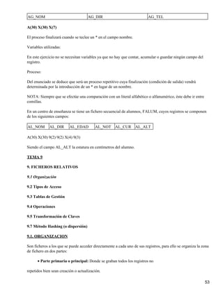 AG_NOM                               AG_DIR                              AG_TEL

A(30) X(30) X(7)

El proceso finalizará cuando se teclee un * en el campo nombre.

Variables utilizadas:

En este ejercicio no se necesitan variables ya que no hay que contar, acumular o guardar ningún campo del
registro.

Proceso:

Del enunciado se deduce que será un proceso repetitivo cuya finalización (condición de salida) vendrá
determinada por la introducción de un * en lugar de un nombre.

NOTA: Siempre que se efectúe una comparación con un literal alfabético o alfanumérico, éste debe ir entre
comillas.

En un centro de enseñanza se tiene un fichero secuencial de alumnos, FALUM, cuyos registros se componen
de los siguientes campos:

AL_NOM       AL_DIR       AL_EDAD        AL_NOT AL_CUR AL_ALT

A(30) X(30) 9(2) 9(2) X(4) 9(3)

Siendo el campo AL_ALT la estatura en centímetros del alumno.

TEMA 9

9. FICHEROS RELATIVOS

9.1 Organización

9.2 Tipos de Acceso

9.3 Tablas de Gestión

9.4 Operaciones

9.5 Transformación de Claves

9.7 Método Hashing (o dispersión)

9.1. ORGANIZACION

Son ficheros a los que se puede acceder directamente a cada uno de sus registros, para ello se organiza la zona
de fichero en dos partes:

      • Parte primaria o principal: Donde se graban todos los registros no

repetidos bien sean creación o actualización.

                                                                                                            53
 