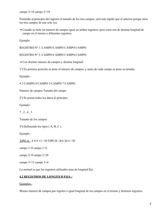 campo 3=10 campo 3=10

Poniendo al principio del registro el tamaño de los tres campos, será más rápido que el anterior porque mira
los tres campos de una sola vez.

• Cuando se tiene un número de campos igual en ambos registros, pero estos son de distinta longitud de
  campo en el mismo o diferentes registros.

Ejemplo :

REGISTRO Nº 1: CAMPO CAMPO CAMPO CAMPO

REGISTRO Nº 2: CAMPO CAMPO CAMPO CAMPO

• Con distinto número de campos y distinta longitud:

1º) En primera posición se pone el número de campos, y antes de cada campo se pone su tamaño.

Ejemplo :

4 2 CAMPO 4 CAMPO 3 CAMPO 7 CAMPO

Número de campos Tamaño del campo

2º) Se ponen todos los datos al principio.

Ejemplo :

7,2,4,3

Tamaño de los campos

3º) Definiendo los tipos ( A, B, C ).

Ejemplo :

TIPO A : A 8 9 13 =30 TIPO B : B 6 20 4 =30

campo 1=8 campo 1=6

campo 2=9 campo 2=20

campo 3=13 campo 3=4

Lo normal es que los registros utilizados sean de longitud fija.

4.2 REGISTROS DE LONGITUD FIJA :

Ejemplos :

Mismo número de campos por registro e igual longitud de los campos en el mismo y distintos registros.



                                                                                                               7
 