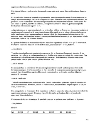 registros se hará consultando previamente la tabla de índices.

Este tipo de ficheros requiere estar almacenado en un soporte de acceso directo (disco duro, disquete,
ect.).

La organización secuencial indexada exige que todos los registros que forman el fichero contengan un
campo denominado campo clave. Este campo servirá para identificar cada registro de forma única, no
pudiendo existir en un mismo fichero dos registros con el mismo contenido en dicho campo clave. Por
este campo se graban, en orden ascendente, los registros del fichero indexado, para que se pueda
localizar un determinado registro en él.

Así por ejemplo, si en un centro educativo se pretendiese utilizar un fichero que almacenase los datos de
sus alumnos, el campo clave de los registros de este fichero podría ser el número de matrícula, ya que
todos los alumnos tienen uno asignado y no pueden existir dos alumnos con el mismo número. Sin
embargo, nunca podría utilizarse como campo clave el nombre del alumno, ya que seguramente habría
numerosos registros con el mismo nombre.

La gestión interna de los ficheros secuenciales indexados depende del sistema en el que se desarrollen.
Un fichero secuencial indexado consta de tres áreas, que suelen ser, a su vez, ficheros.

Area primaria

También denominada como área de datos, ya que en ella se almacenan físicamente los datos de los
registros. Los registros se graban cuando se crea el fichero, en orden ascendente del campo clave. Esta
área tiene organización secuencial y se puede decir que está dividida dentro del soporte en varios
grupos, todos ellos de igual tamaño (pistas, cilindros, etc.).

Area de índices:

El área de índices es también un fichero con organización secuencial. Cada registro del mismo lo
forman dos campos. El primero contiene la clave más alta de los registros que componen el grupo, es
decir, la clave de su último registro. El segundo campo contiene la dirección absoluta del primer
registro de ese grupo.

Area de excedentes:

También denominada como área de overflow. En esta área se van a grabar los registros dados de alta
en las actualizaciones. Por tanto, cuando se crea el fichero, no se introduce ningún registro en ella, es
decir, se crea vacía.

Por consiguiente, en el momento de la creación de un fichero secuencial indexado, se debe introducir los
registros en orden ascendente del campo clave. El sistema los grabará en el área primaria e irá
generando el área de índices.

Un esquema de las tres áreas de un fichero indexado que se acaba de crear podría ser el siguiente:

Area primaria

Pista 01

A1         REG1       A7      REG2          B3       REG3           B8      REG4



                                                                                                            93
 