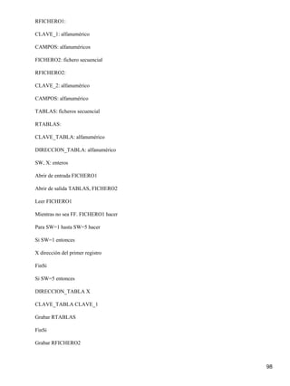 RFICHERO1:

CLAVE_1: alfanumérico

CAMPOS: alfanuméricos

FICHERO2: fichero secuencial

RFICHERO2:

CLAVE_2: alfanumérico

CAMPOS: alfanumérico

TABLAS: ficheros secuencial

RTABLAS:

CLAVE_TABLA: alfanumérico

DIRECCION_TABLA: alfanumérico

SW, X: enteros

Abrir de entrada FICHERO1

Abrir de salida TABLAS, FICHERO2

Leer FICHERO1

Mientras no sea FF. FICHERO1 hacer

Para SW=1 hasta SW=5 hacer

Si SW=1 entonces

X dirección del primer registro

FinSi

Si SW=5 entonces

DIRECCION_TABLA X

CLAVE_TABLA CLAVE_1

Grabar RTABLAS

FinSi

Grabar RFICHERO2



                                     98
 
